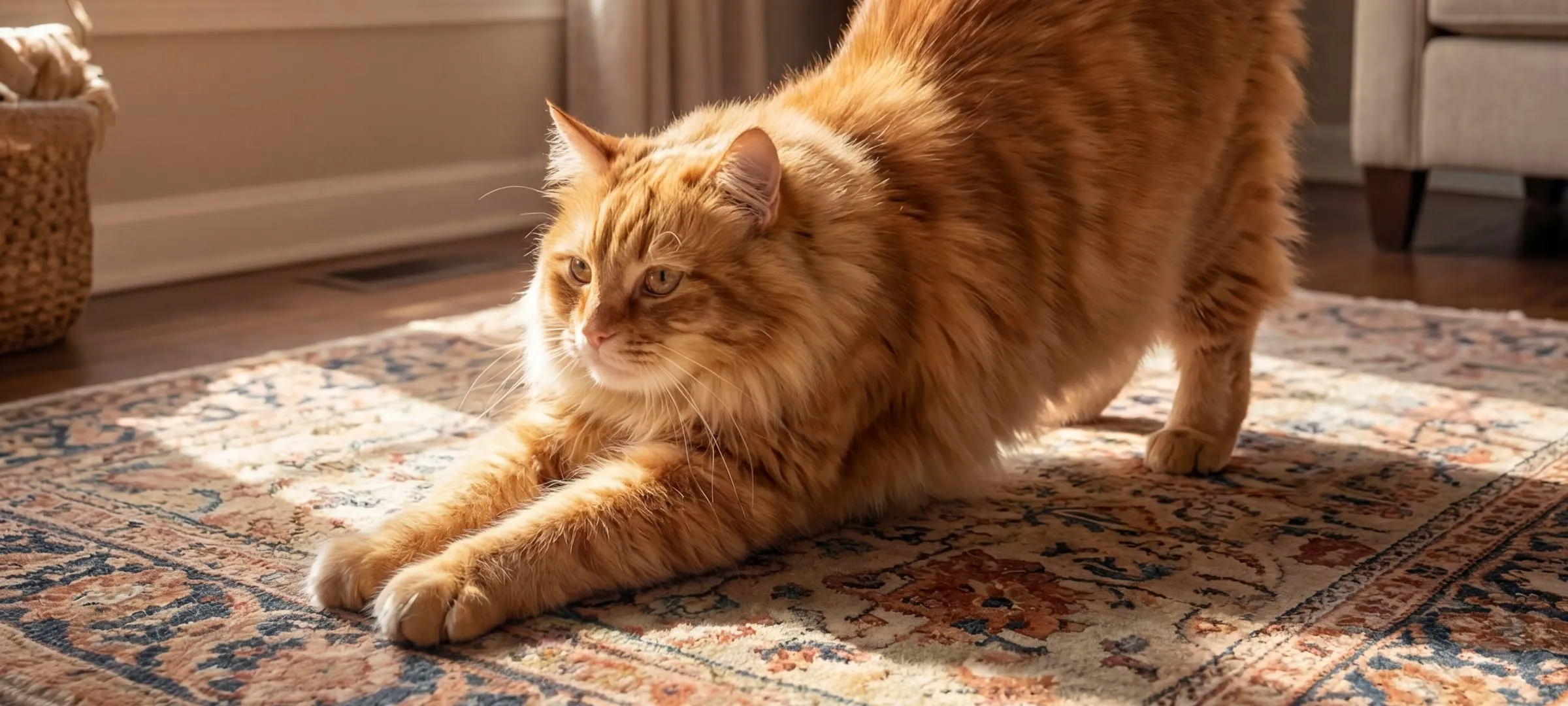 A ginger cat stretching on a rug in warm afternoon light, ears turned toward the room